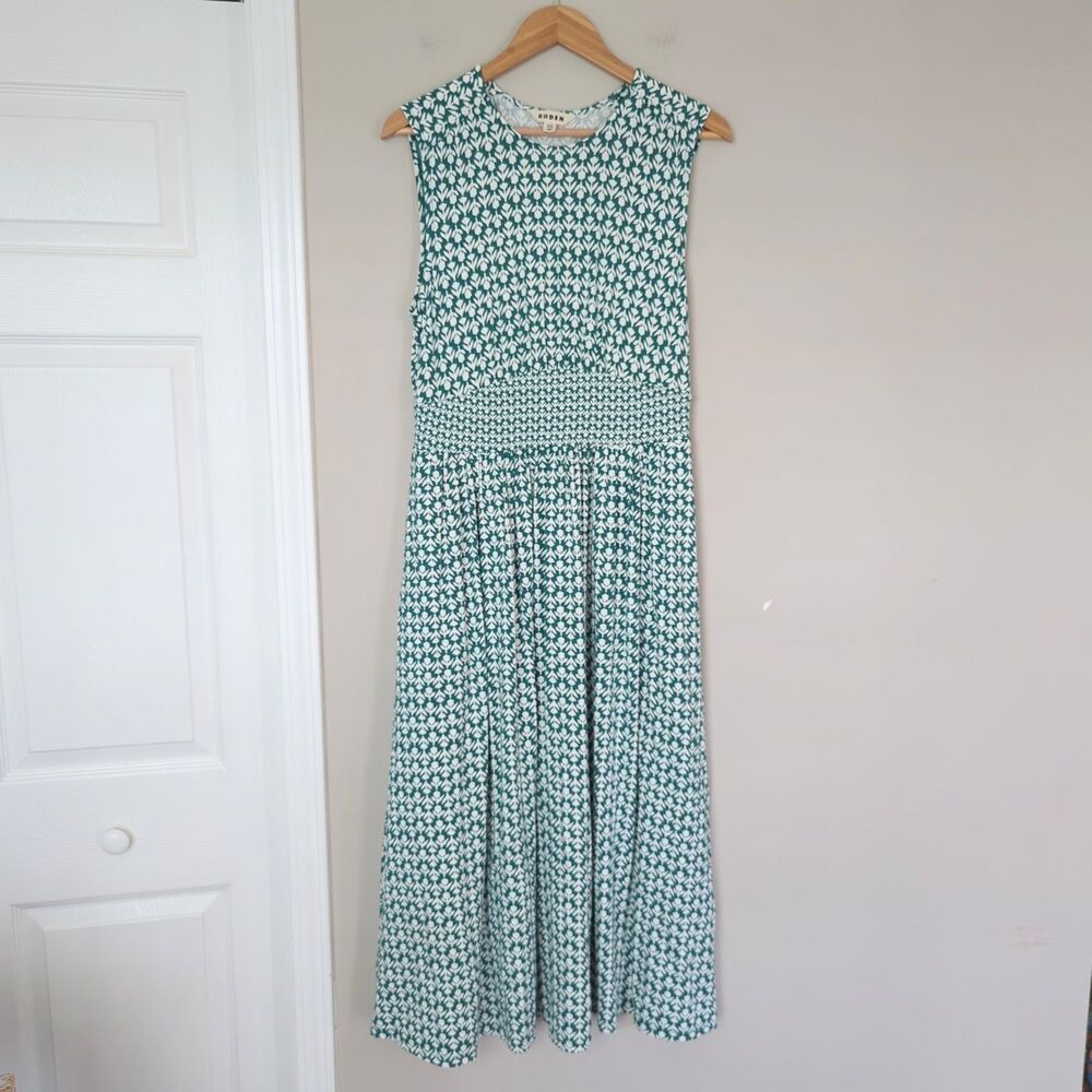 Boden Green Floral Waist Detail Sleeveless Knit Midi Length Dress Size 8